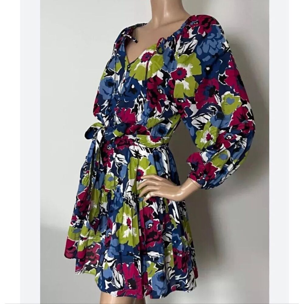 Lauren Ralph Lauren Floral Belted Cotton Voile Tiered Dress Blue Pink Puff Sz 2